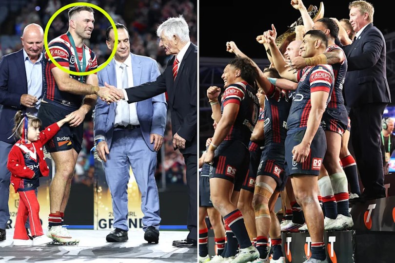 James Tedesco, pictured here after winning the Clive Churchill medal and his third NRL premiership.