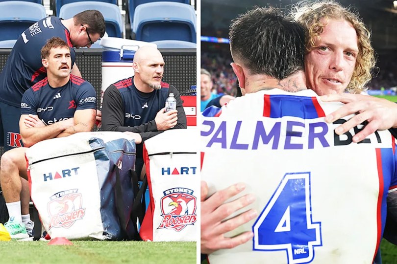 Connor Watson watches Roosters training and Phoenix Crossland celebrates a Knights win.